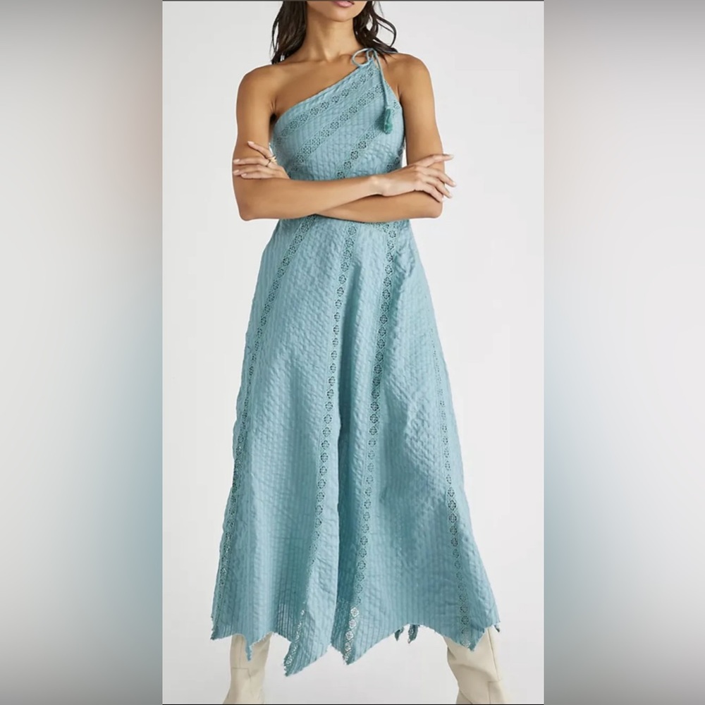 Free People Bella Maxi Dress Lace Inserts One Shoulder Tie Shoulder Mint S NWOT